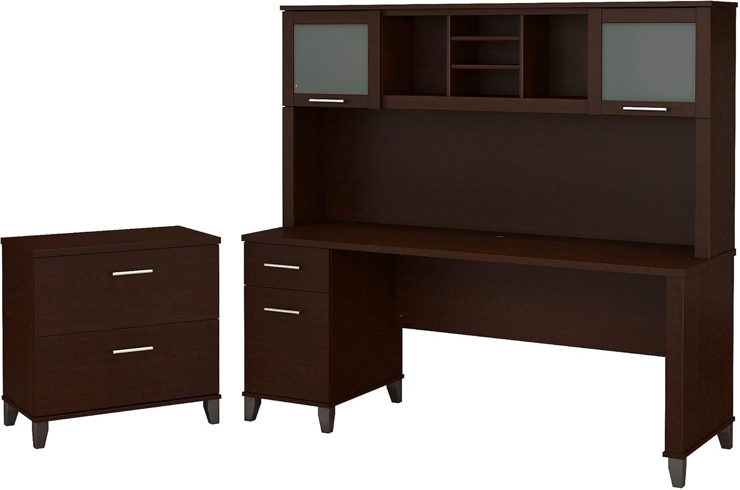 72W Hansen Cherry Office Desk with Hutch and Lateral File Cabinet A923271