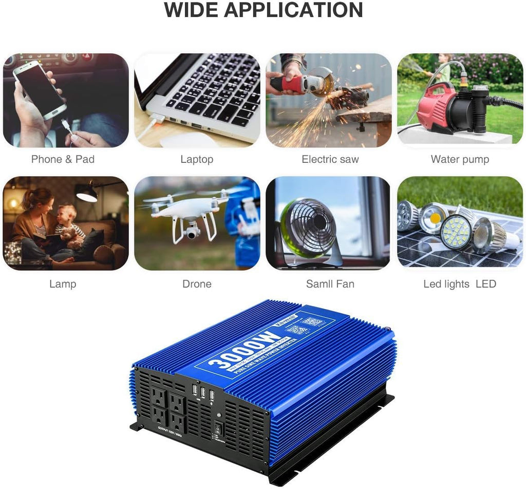 3000W Pure Sine Wave Power Inverter 12V DC to 110V AC Car Inverter with Bluetooth 4 AC Outlets 2 USB Ports H215601