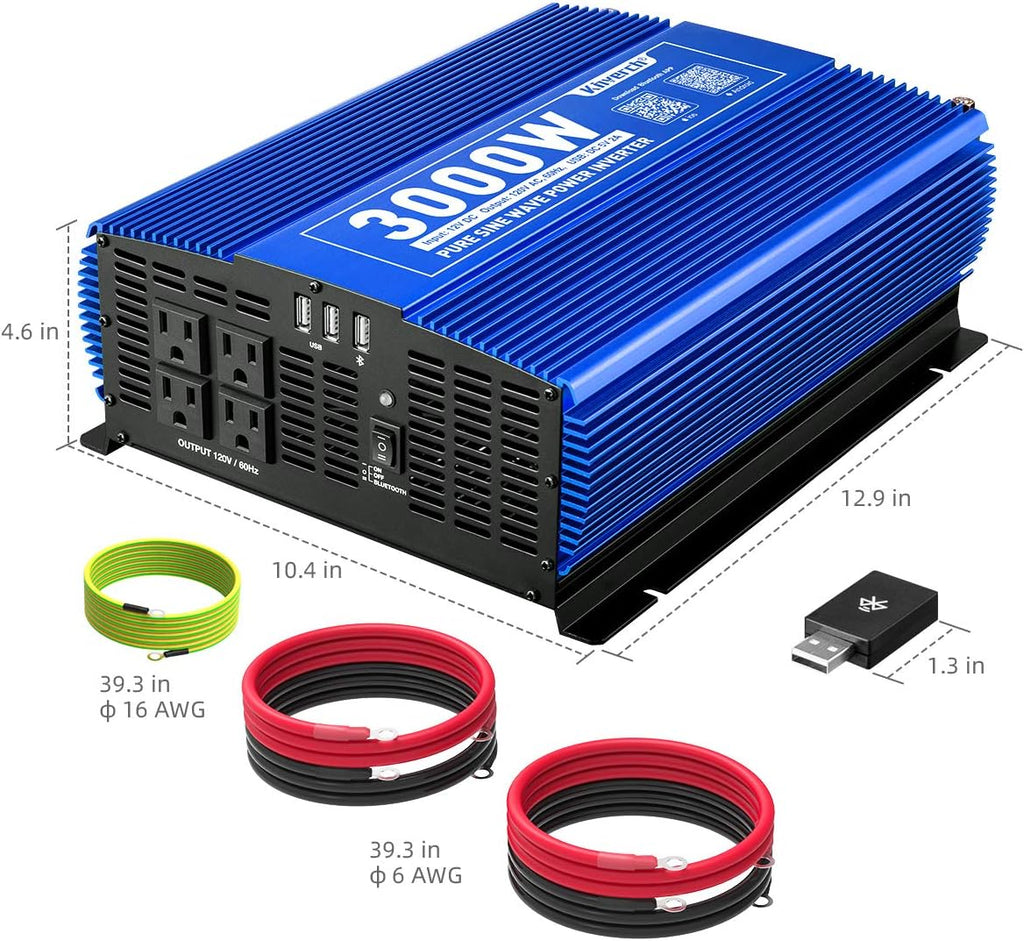 3000W Pure Sine Wave Power Inverter 12V DC to 110V AC Car Inverter with Bluetooth 4 AC Outlets 2 USB Ports H215601