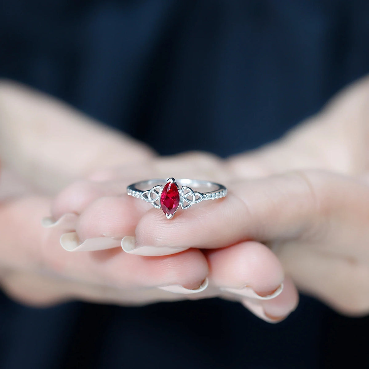 Marquise Shape Lab Grown Ruby Solitaire Ring with Diamond, 925 Sterling Silver, US 4.00 P3187