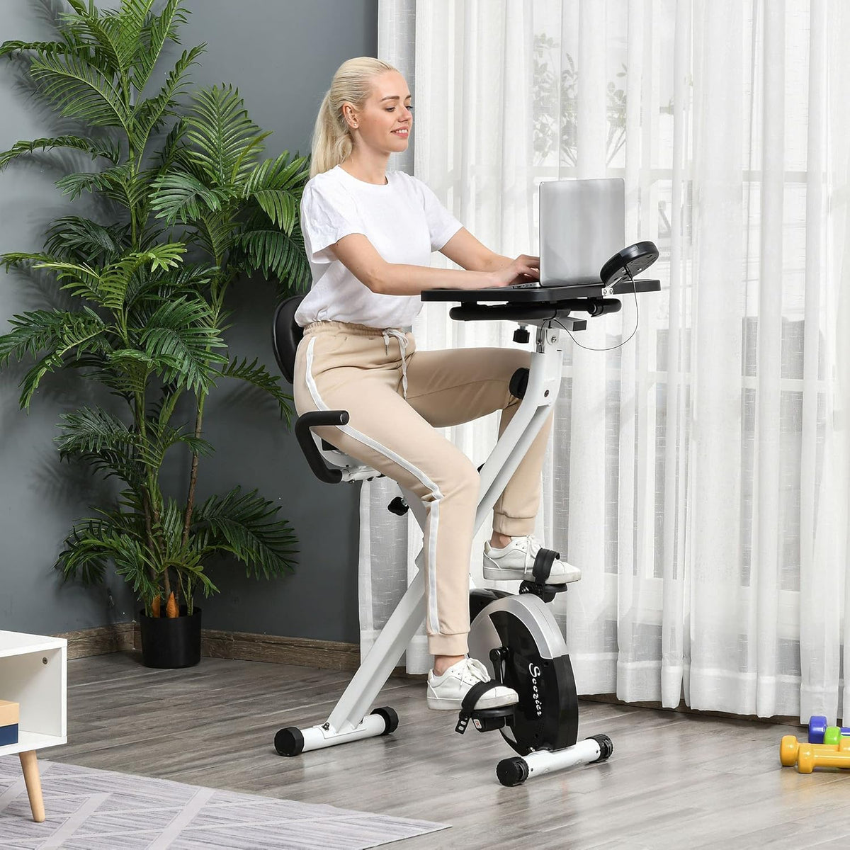 White Stationary Exercise Bike with Adjustable Desktop Q139