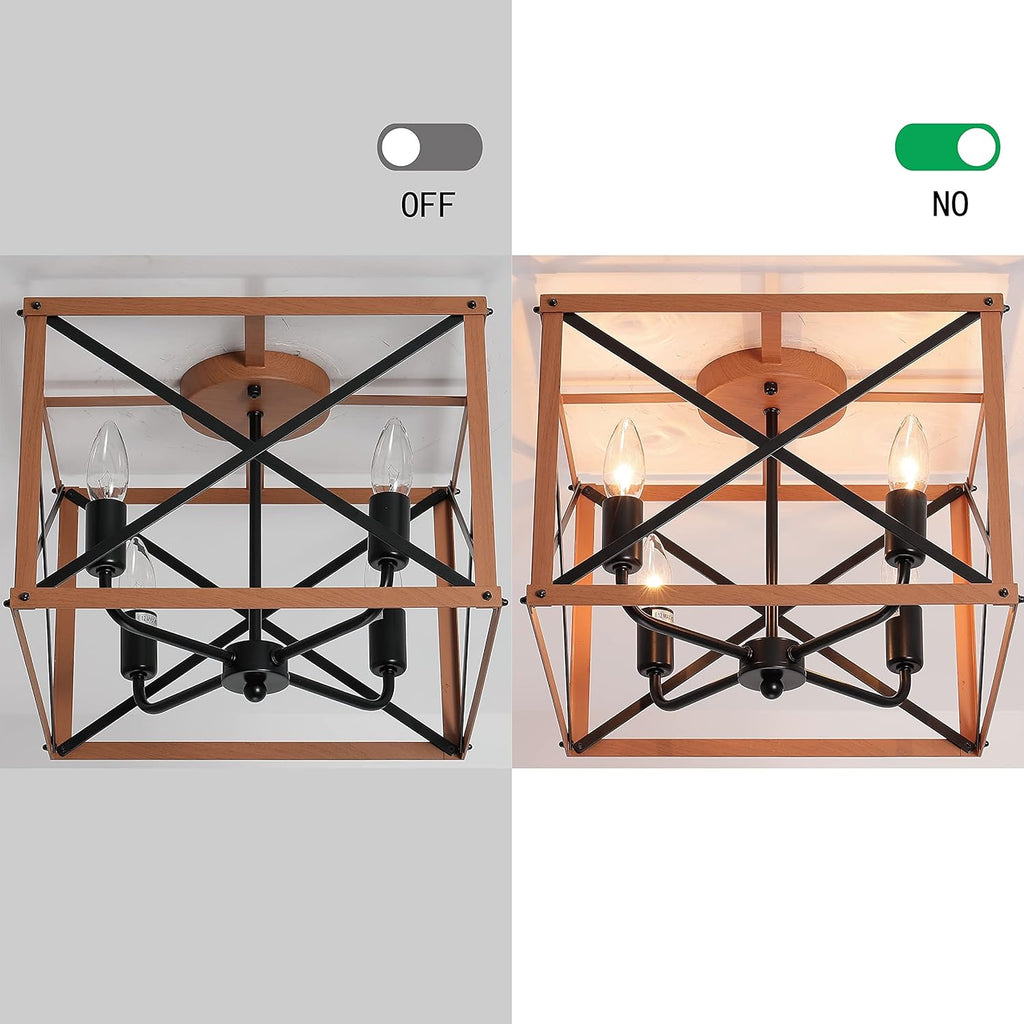 Retro Semi Flush Mount 4-Light Rectangle Wood Ceiling Light Fixture J903