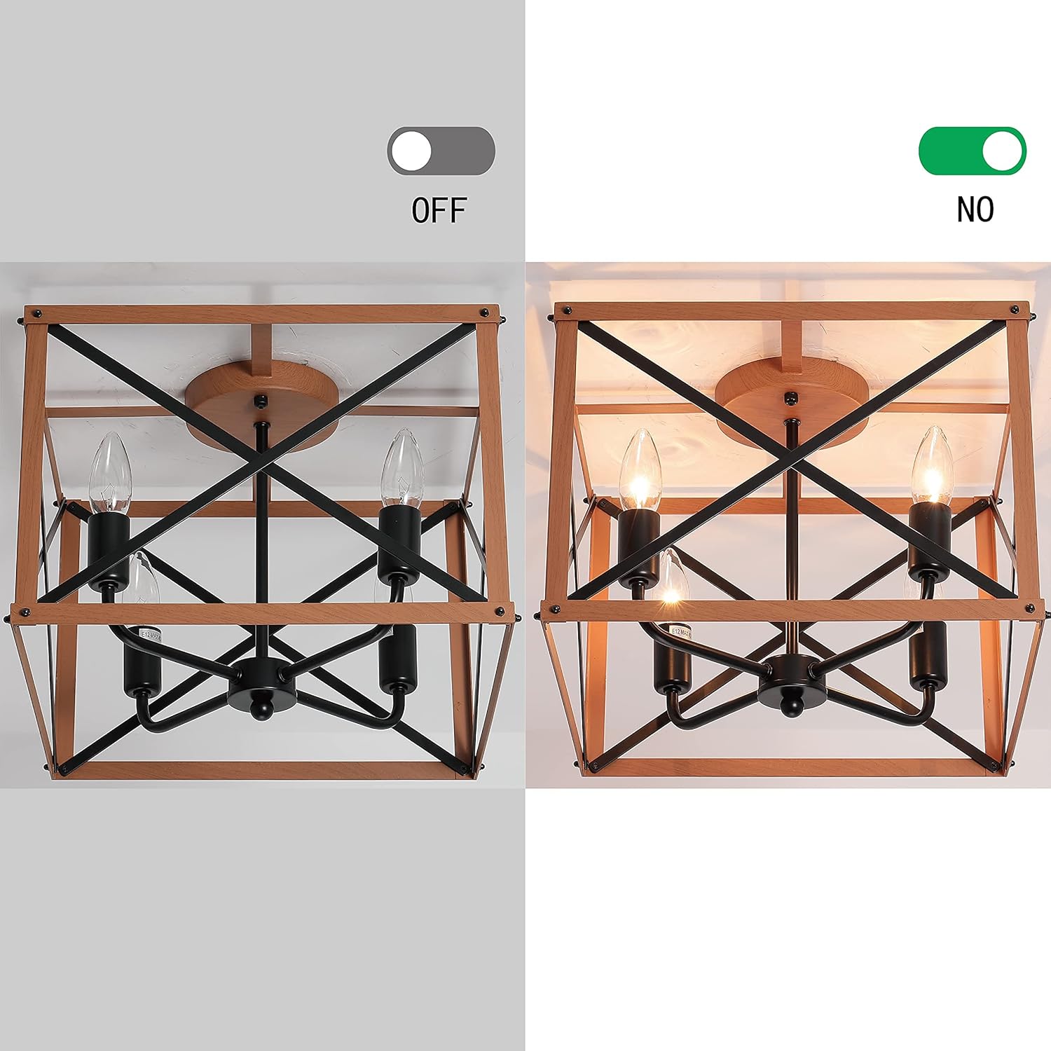 Retro Semi Flush Mount 4-Light Rectangle Wood Ceiling Light Fixture J903