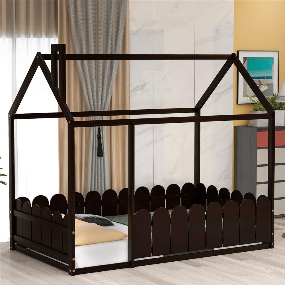 White Wood Twin Size House Bed Frame with Fence K1330