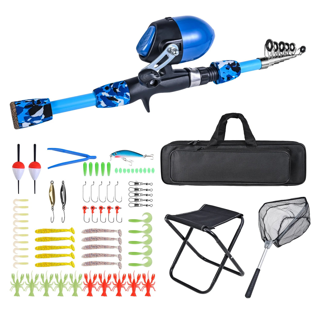 Kids Fishing Rod and Reel Combo with Collapsible Fishing Stool, Landing Net, and Tackle Box V35074