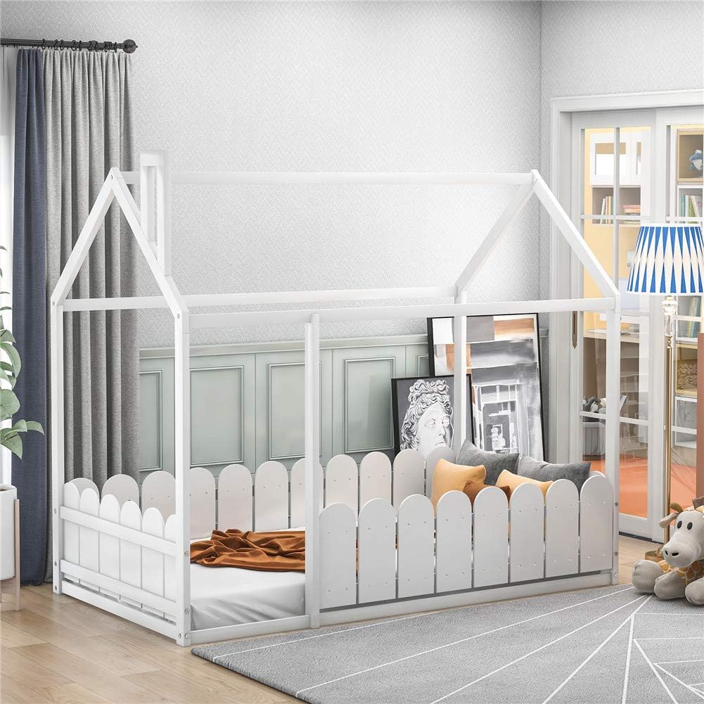 White Wood Twin Size House Bed Frame with Fence K1330