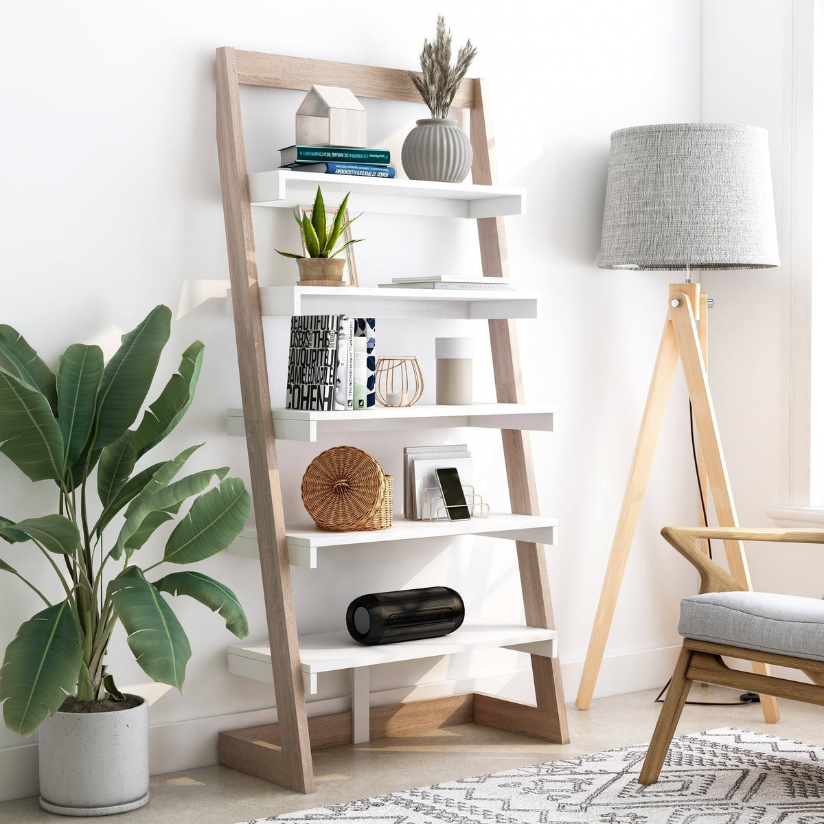 Distressed Grey 5-Shelf Leaning Bookcase H5514