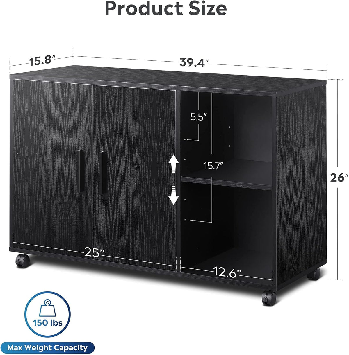 Black Wood Filing Cabinet with Adjustable Shelves on Lockable Wheels U394417