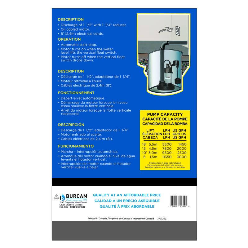 Thermoplastic Submersible Sump Pump, 1/3 HP, 3000 GPH J2844