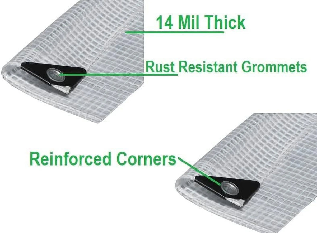 Clear Greenhouse Heavy Duty 14 Mil Waterproof Poly Tarp with Grommets (10 X 20 FT) Q465544