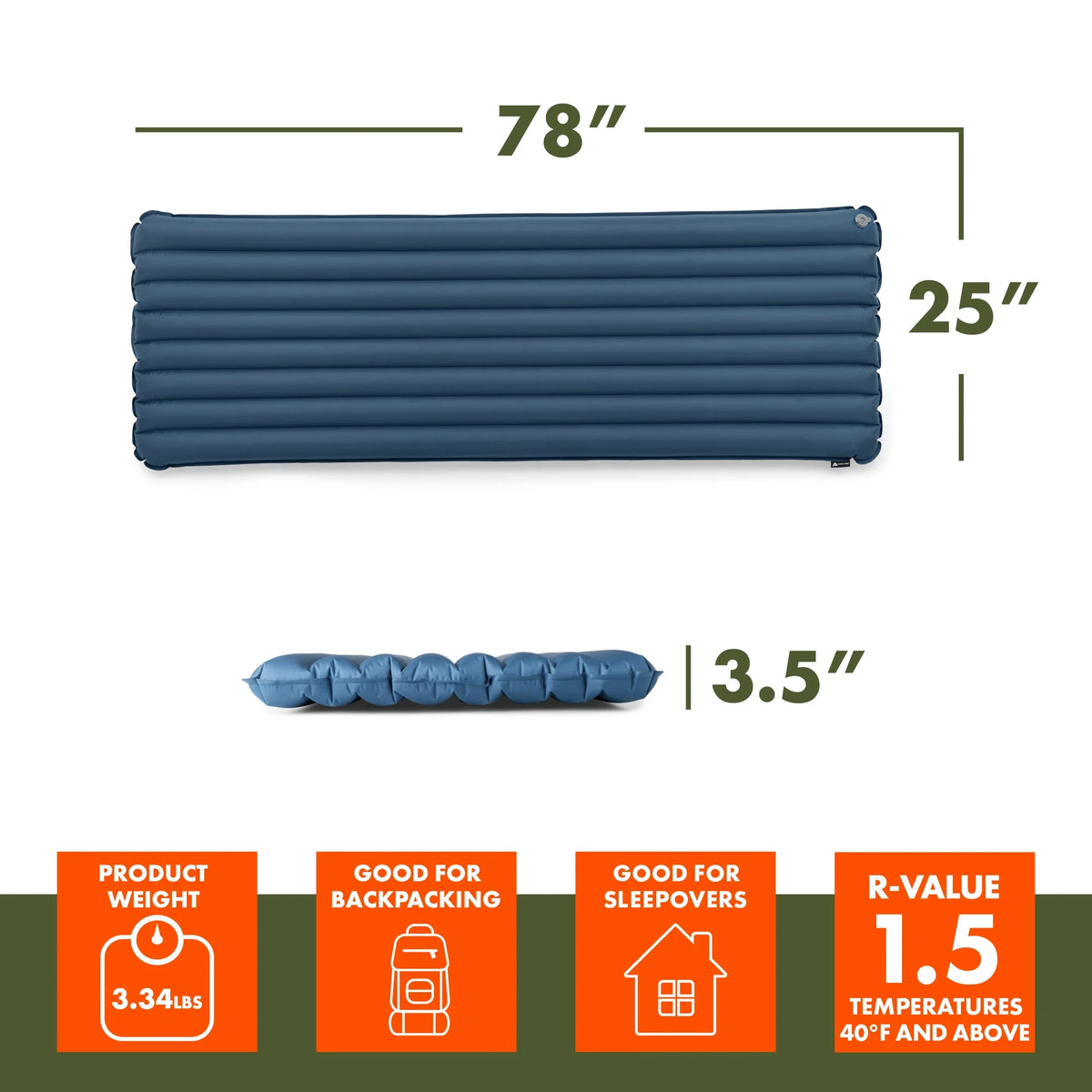 Adult Inflatable Camp Sleeping Pad - Blue, 78"L x 25"W x 3.5"H M7862