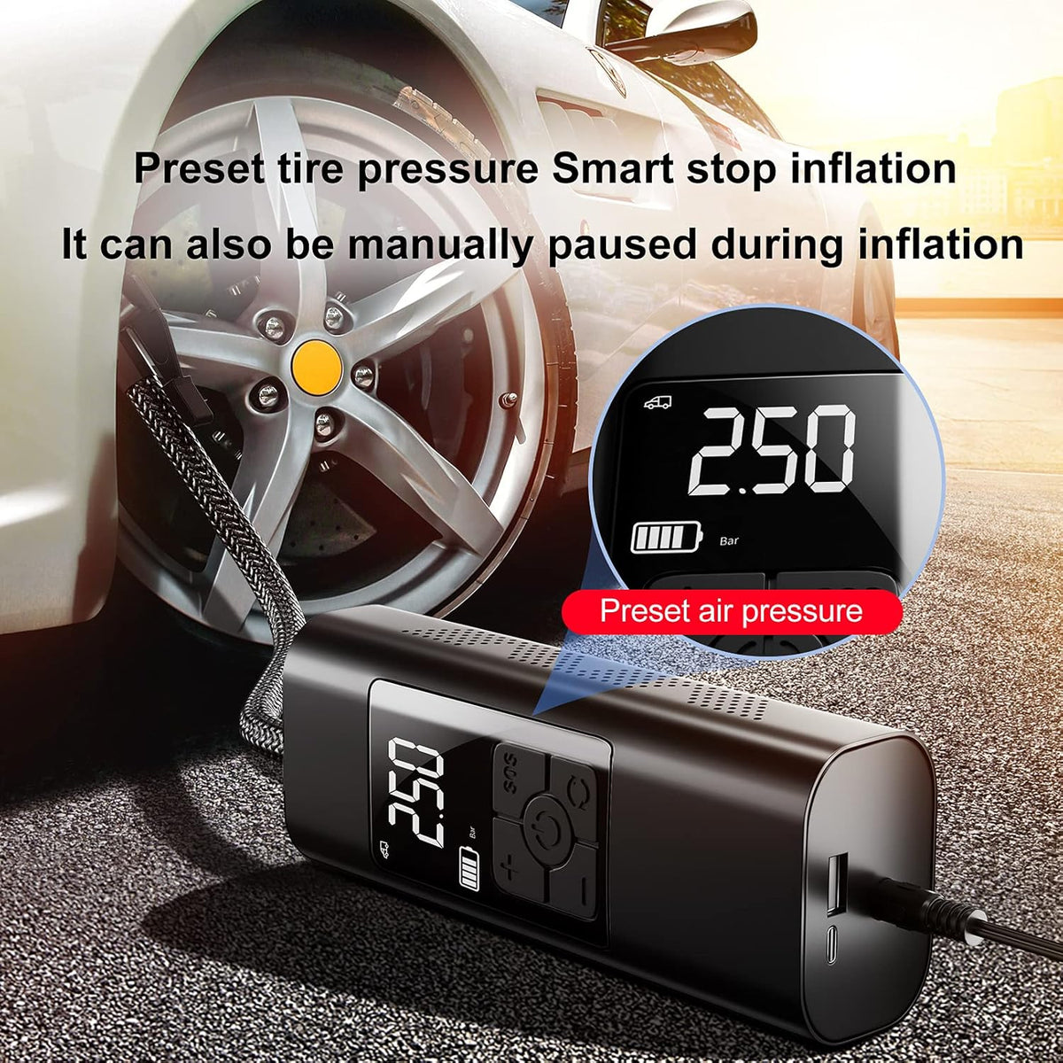 Portable Air Compressor Tire Inflator 150 Psi Wireless Electric Air Pump with Digital Pressure Gauge, LED Light, Pack of 2 E6512