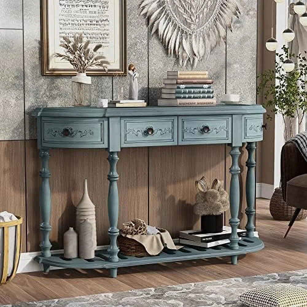Curved Console Table with 4 Drawers Solid Wood Frame Black J8805