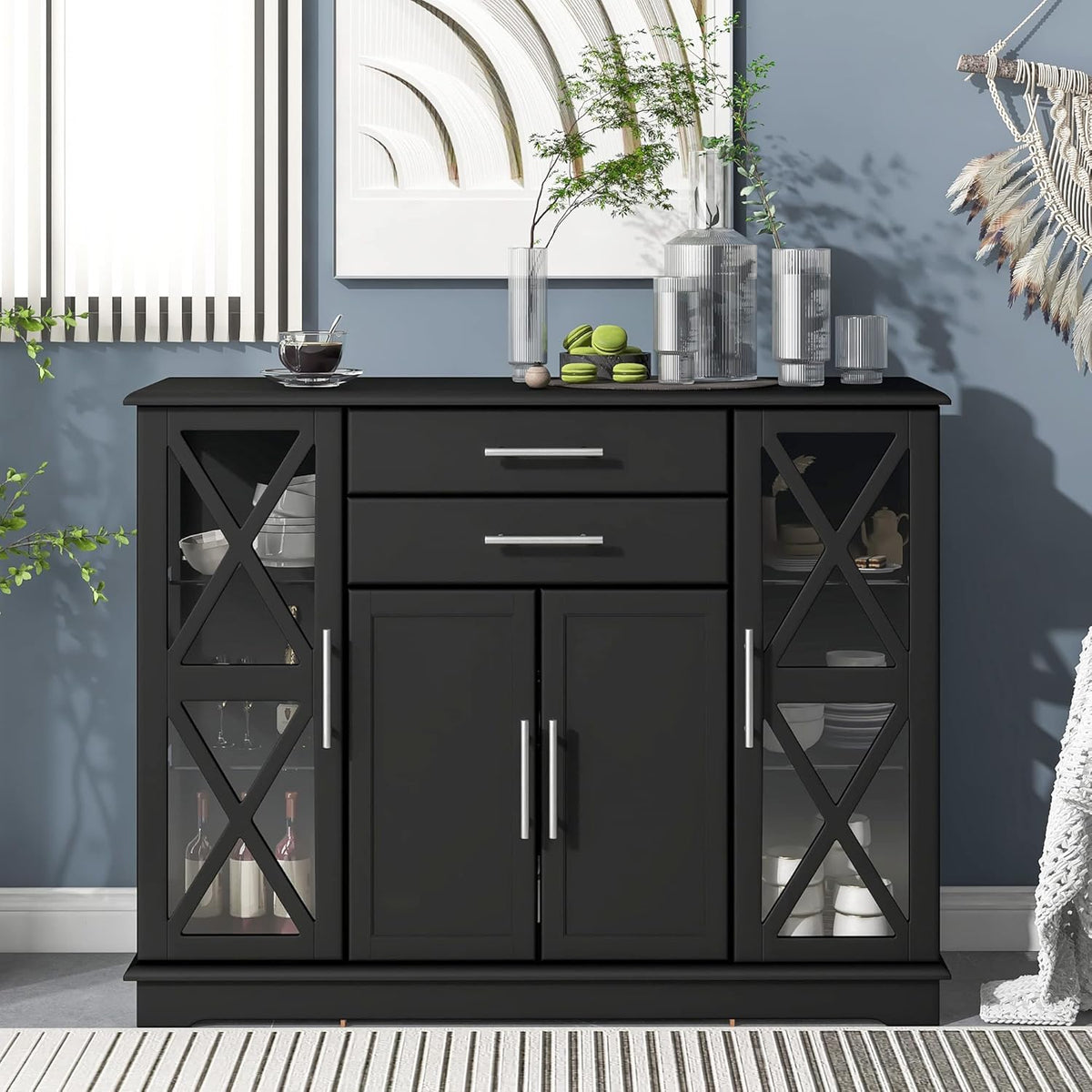 Black Accent Buffet Sideboard with Tempered Glass Console Table Sofa Table with Adjustable Shelves Cabinet G71711