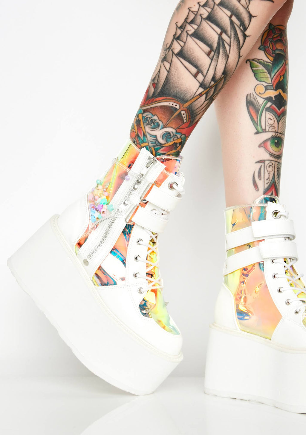 White Vegan Leather-Clear Hologram PVC Boots K80540