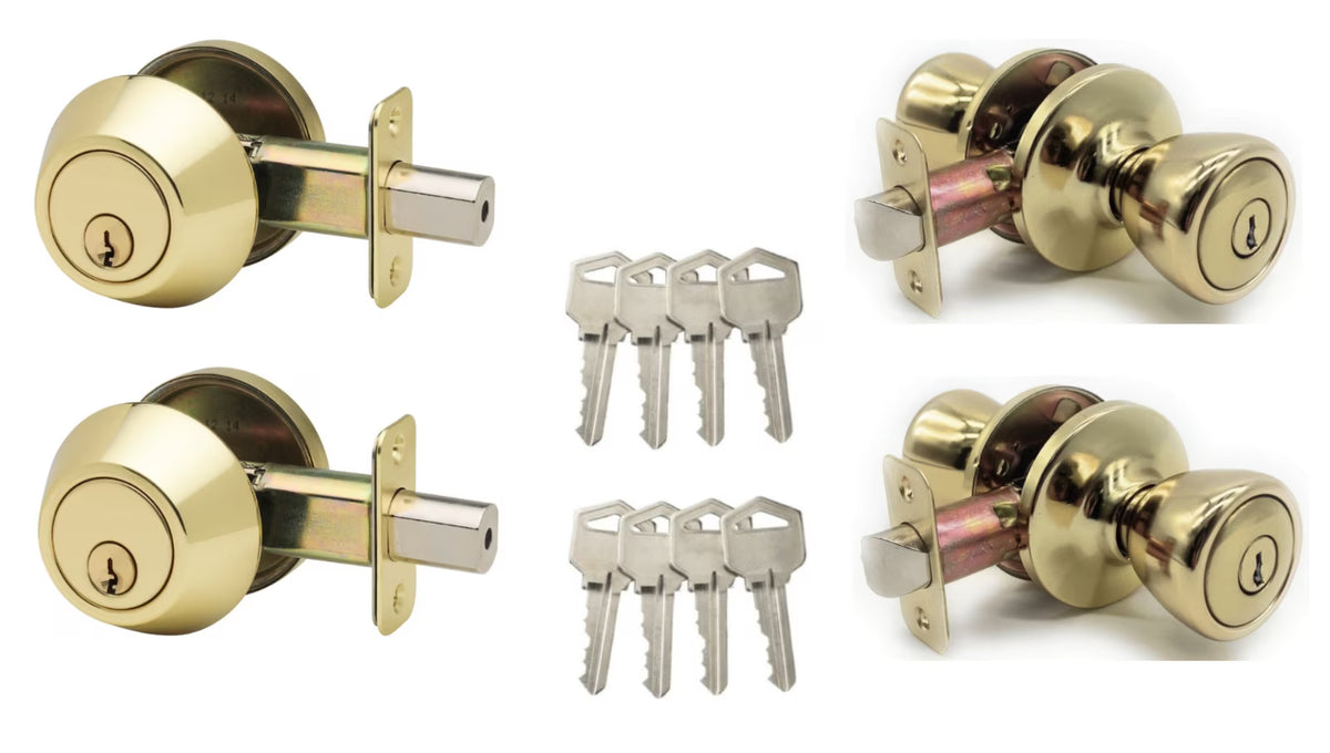 Polished Brass Deadbolt and Door Knob Set, Twin Pack S3961