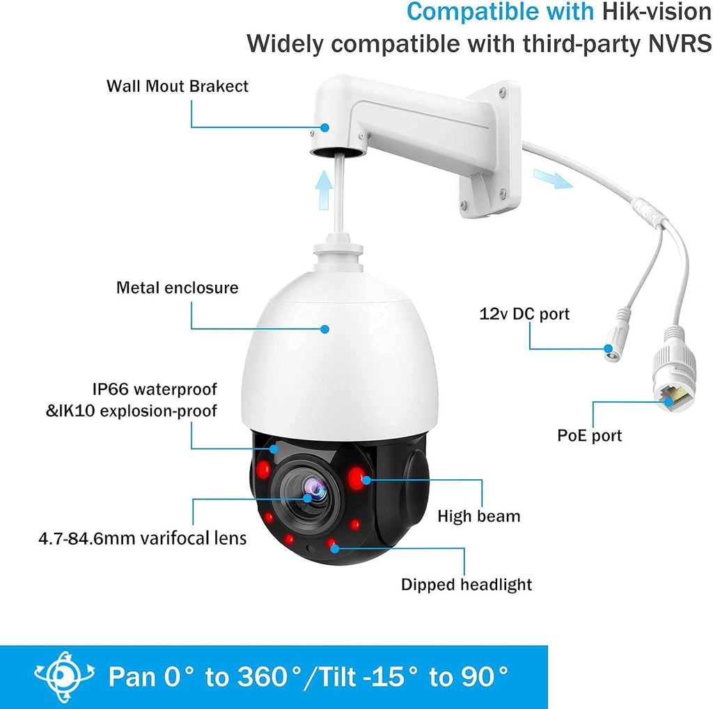 5MP Outdoor PTZ POE Security IP Camera Speed Dome with 18x Optical Zoom Pan Tilt 165ft IR Night Vision Motion Detection IP66 Waterproof R4159
