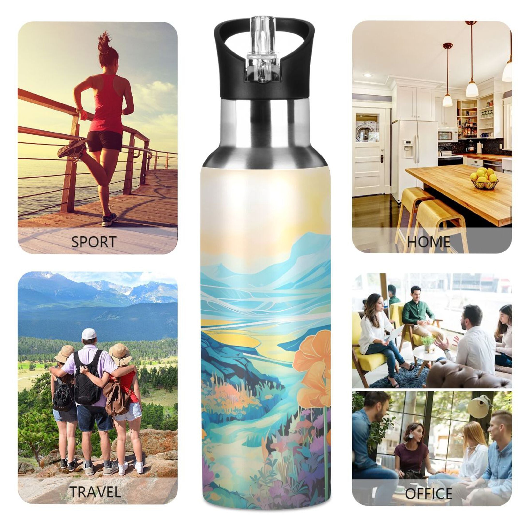 Blue Stainless Steel Insulated Water Bottle with Straw Lid O4913
