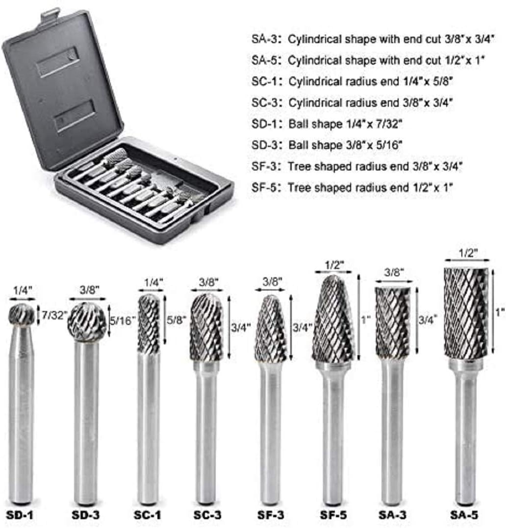 Carbide Burr Set with 1/4'' Shank 8pcs Double Cut Solid Carbide Rotary Burr Set C137436