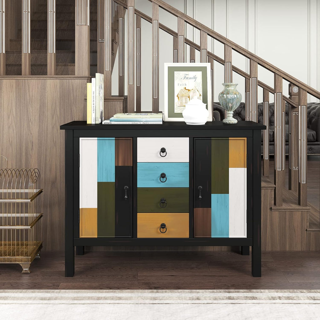 Black Accent Buffet Sideboard with Tempered Glass Console Table Sofa Table with Adjustable Shelves Cabinet G71711