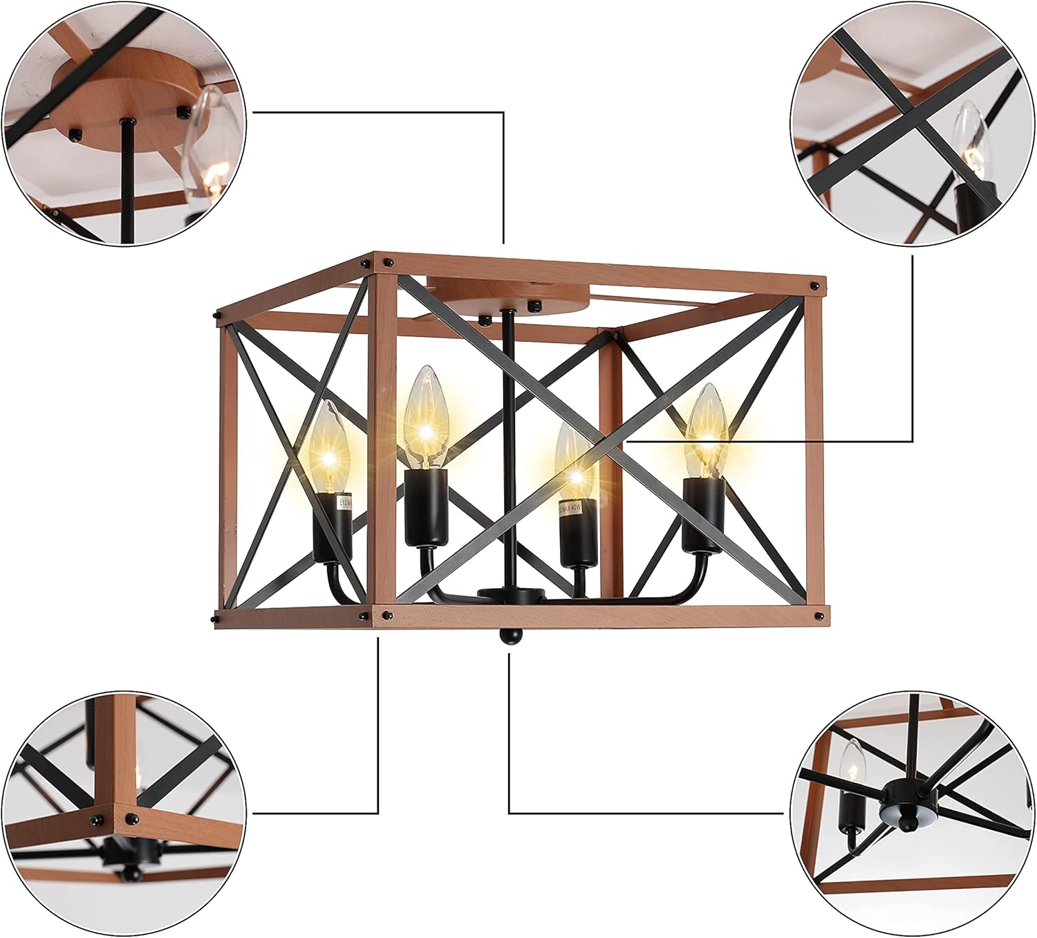 Retro Semi Flush Mount 4-Light Rectangle Wood Ceiling Light Fixture J903