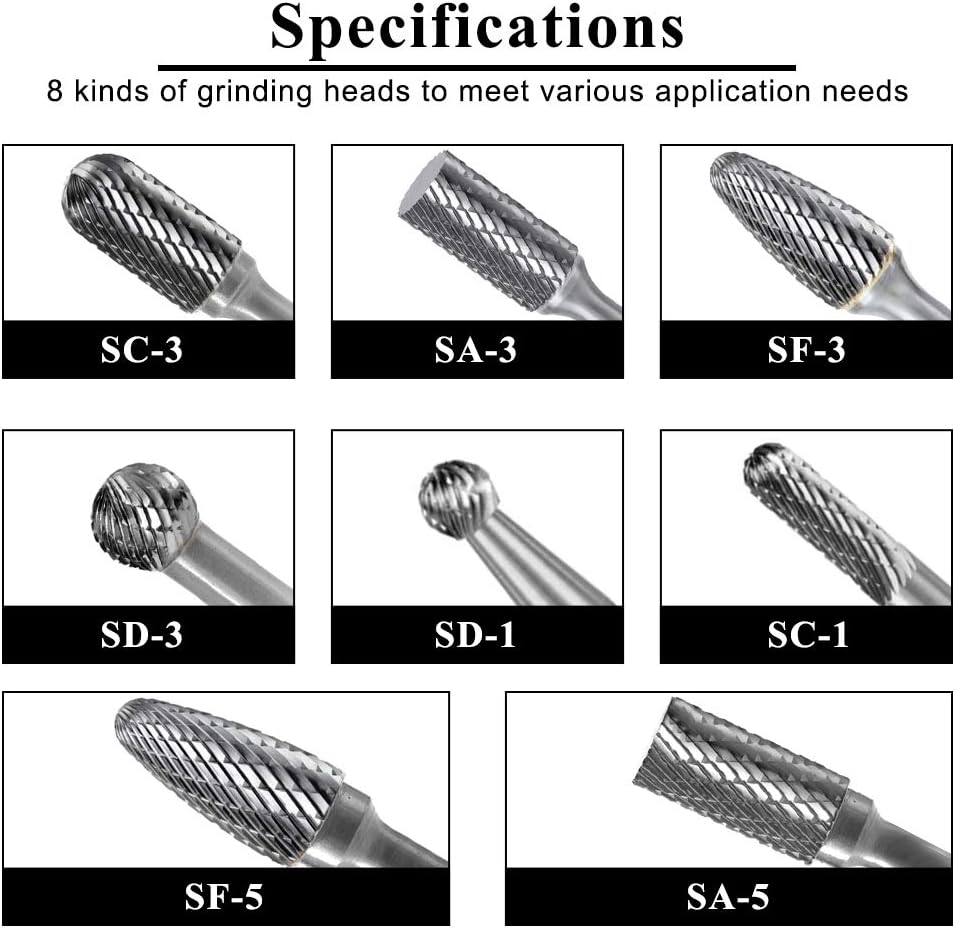 Carbide Burr Set with 1/4'' Shank 8pcs Double Cut Solid Carbide Rotary Burr Set C137436