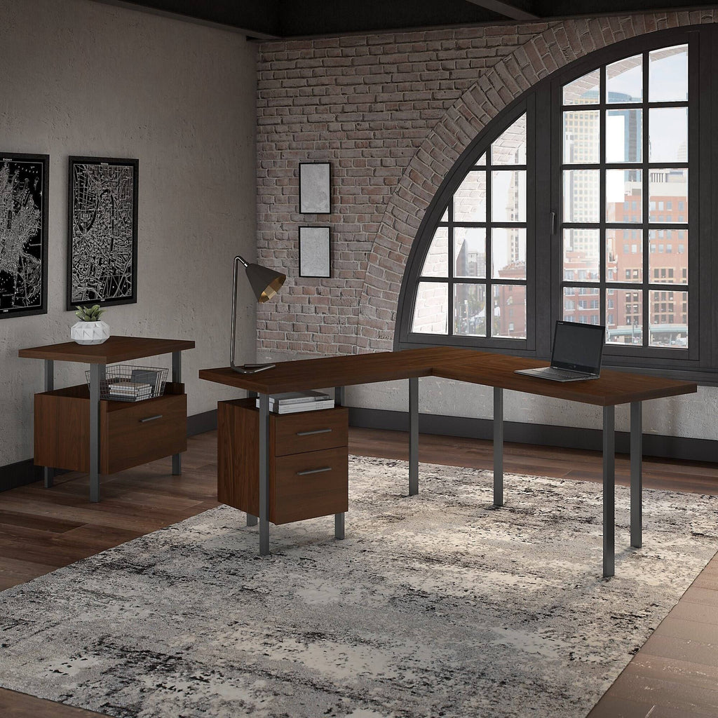 Walnut L-Shaped Desk with Lateral File Cabinet A425240