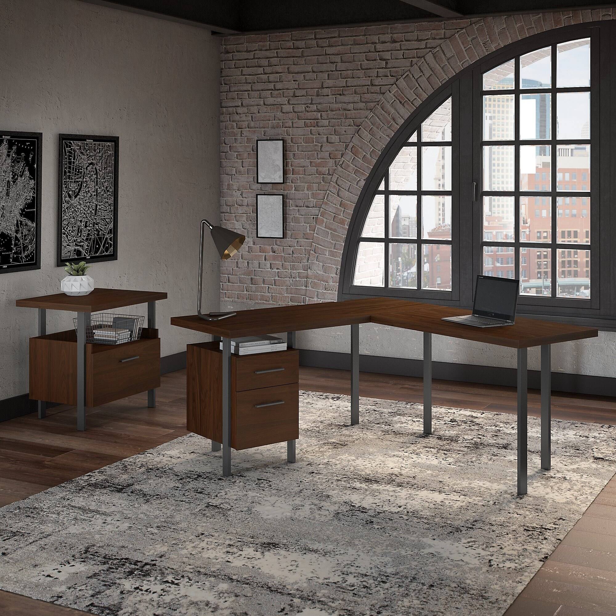 Walnut L-Shaped Desk with Lateral File Cabinet A425240