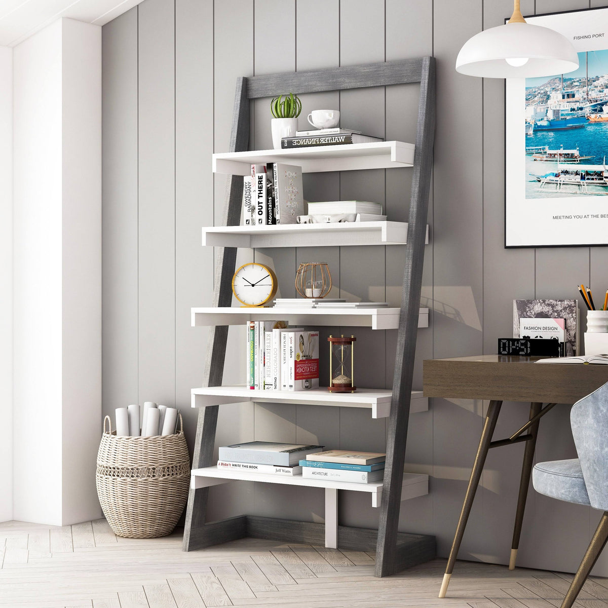 Distressed Grey 5-Shelf Leaning Bookcase H5514