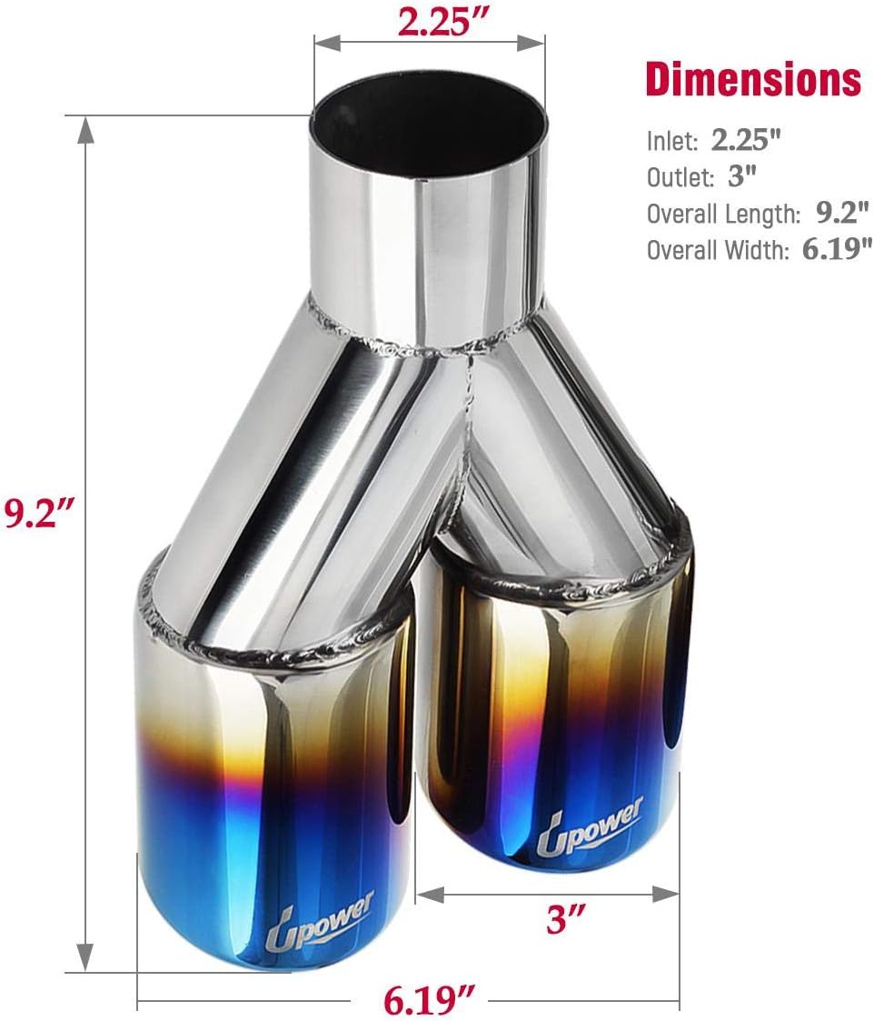 Dual Exhaust Tips 2.25 inch inlet 3 inch outlet 9.2" Long Blue 304 Polished Stainless Steel Weld on Exhaust Tailpipe Tips Pack of 2 A556