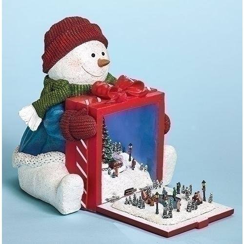 Red and White Pre-Lit Musical Snowman Holding Gift Rotating Train Christmas Tabletop Decor A493