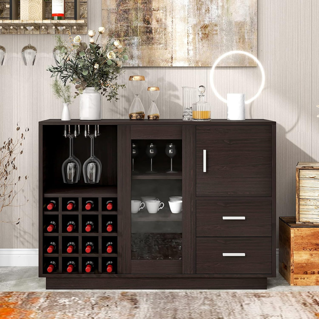 Black Accent Buffet Sideboard with Tempered Glass Console Table Sofa Table with Adjustable Shelves Cabinet G71711