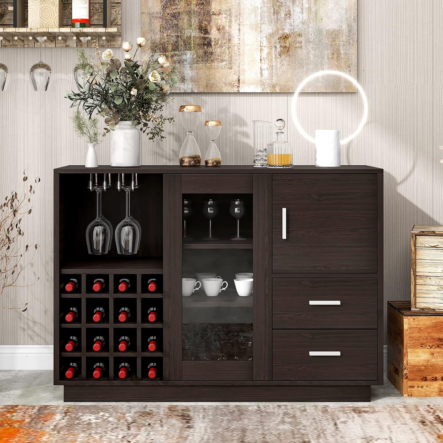 Black Accent Buffet Sideboard with Tempered Glass Console Table Sofa Table with Adjustable Shelves Cabinet G71711