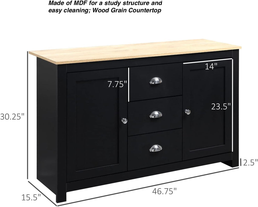 Black Kitchen Sideboard Buffet Storage Cabinet with 2 Side Cabinets 3 Drawers P612
