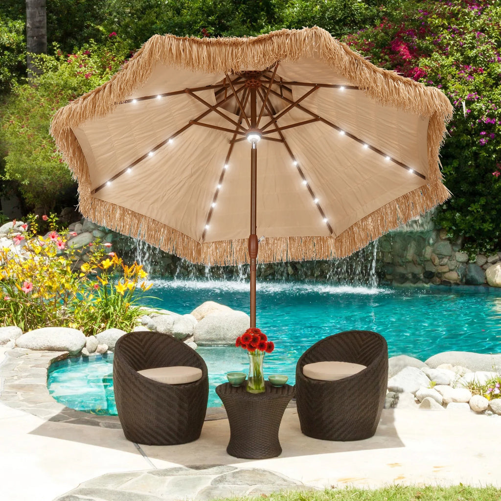 9FT Double Tiers Solar LED Thatched Tiki Umbrella M5984