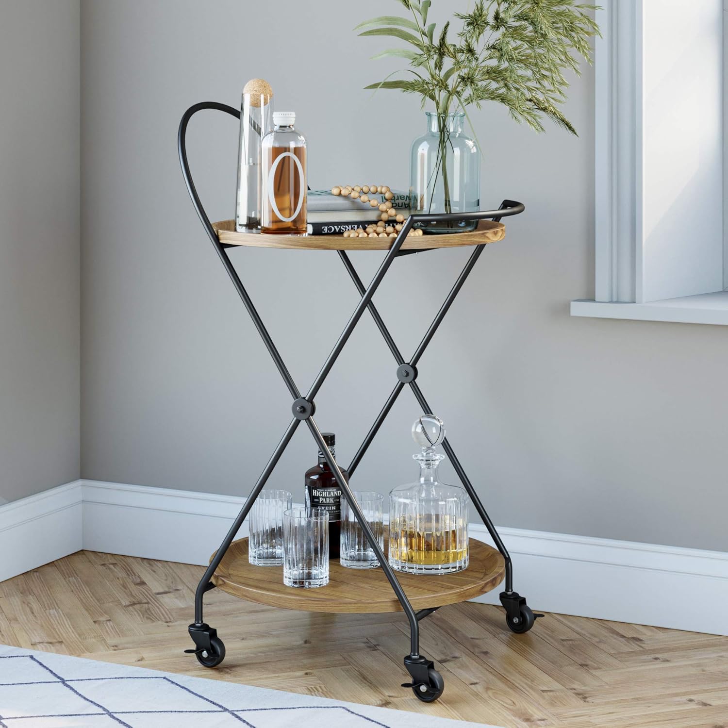 2-Tiered Rolling Serving Cart with Oak Wood Shelf M71838