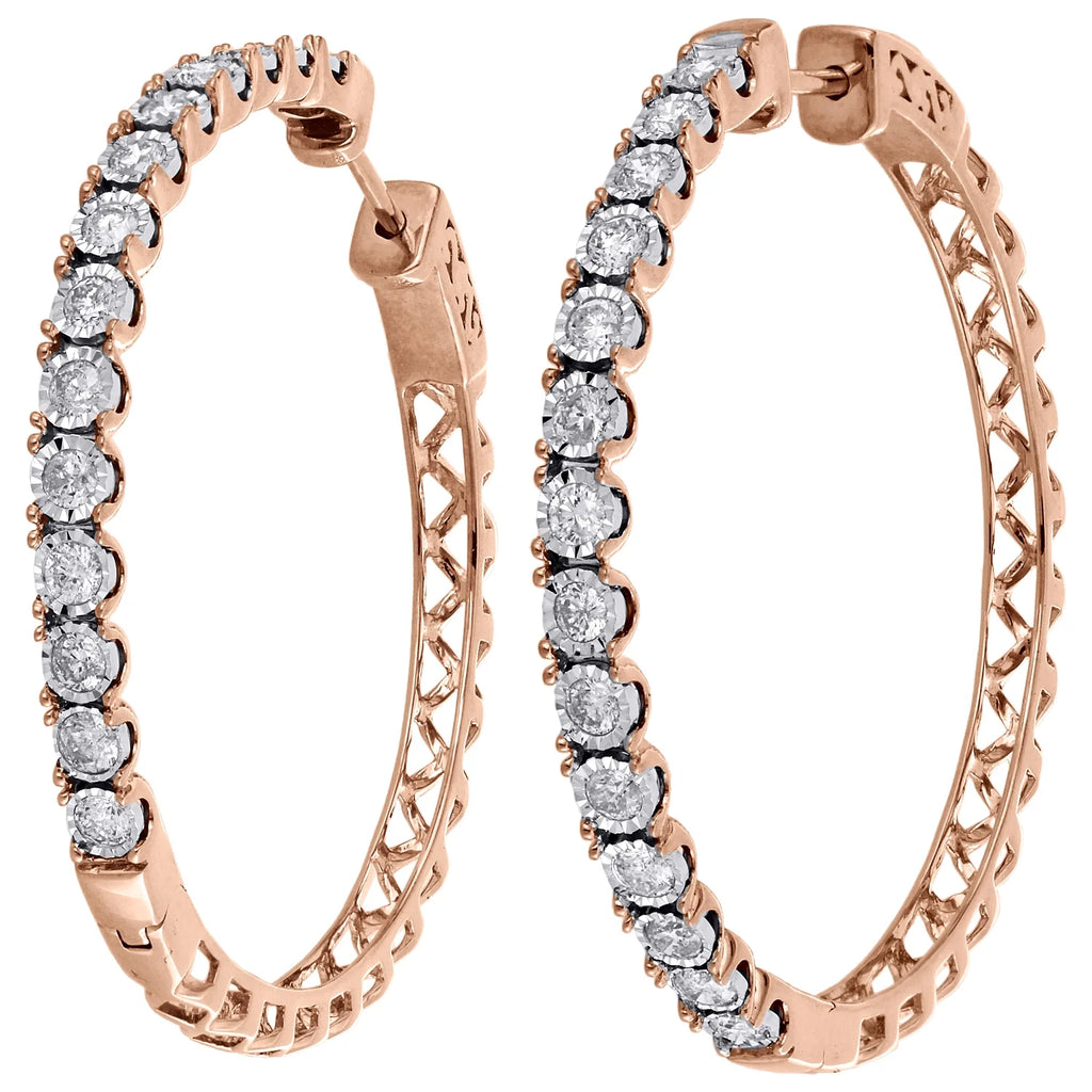 10K Rose Gold Real Diamond Bezel Set Hoops Huggie Earrings 1.50 CT B141826