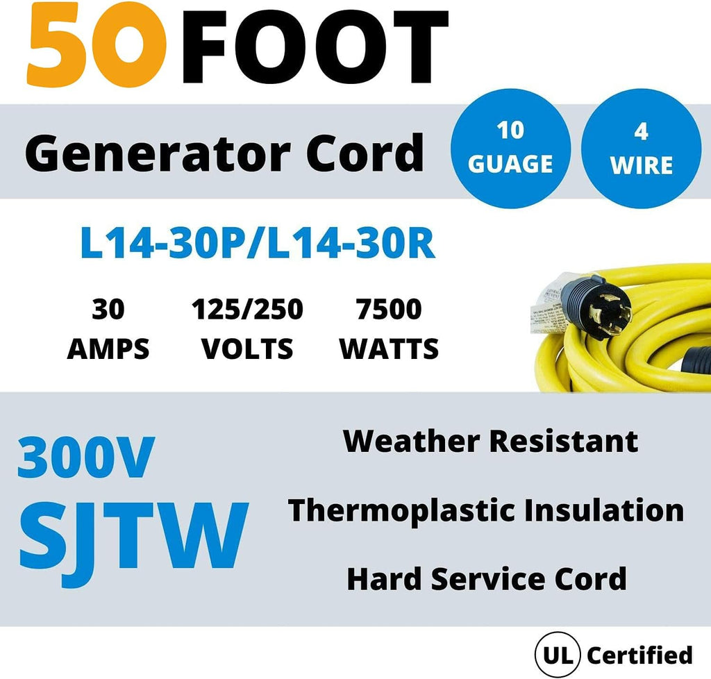 30 Amp 4 Prong Generator Extension Cord, 50 Ft, 10 Gauge, Rubber H999115