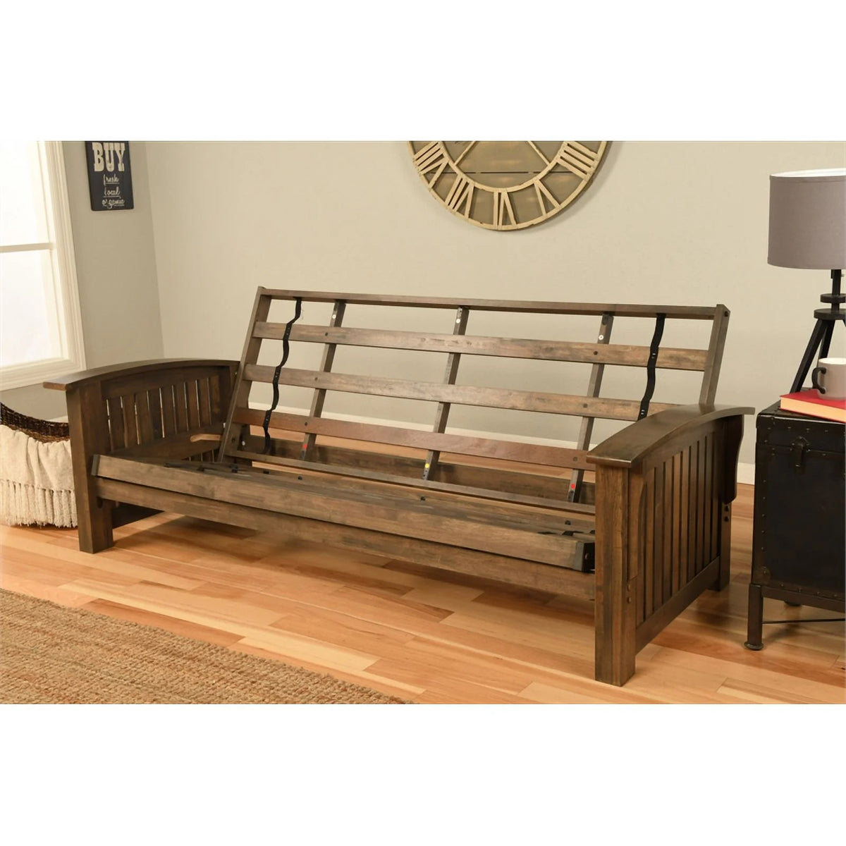Rustic Walnut Futon with Linen Stone Gray Mattress R762010