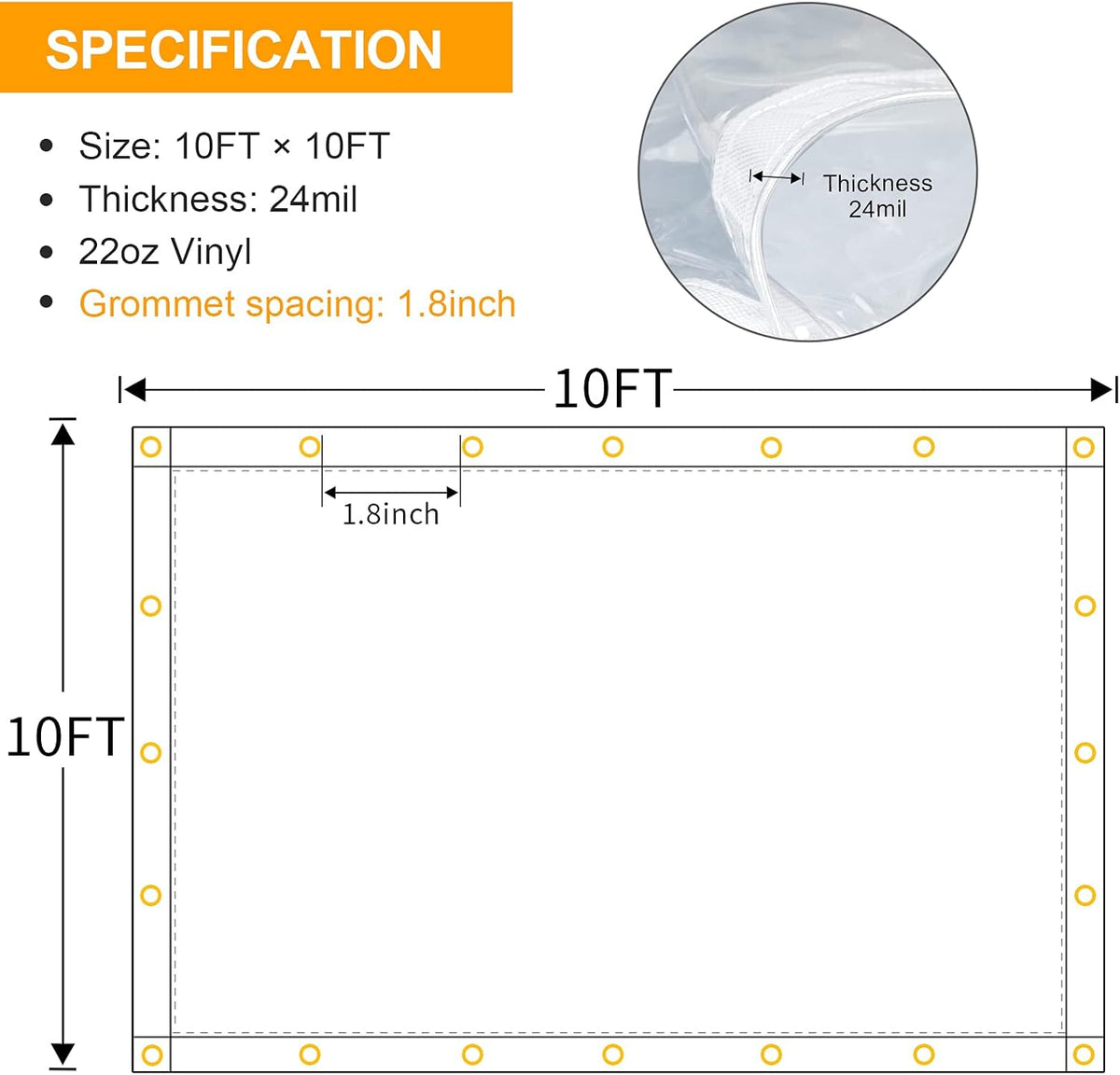 10 x 10FT Waterproof Transparent Vinyl Tarp with Grommets I300
