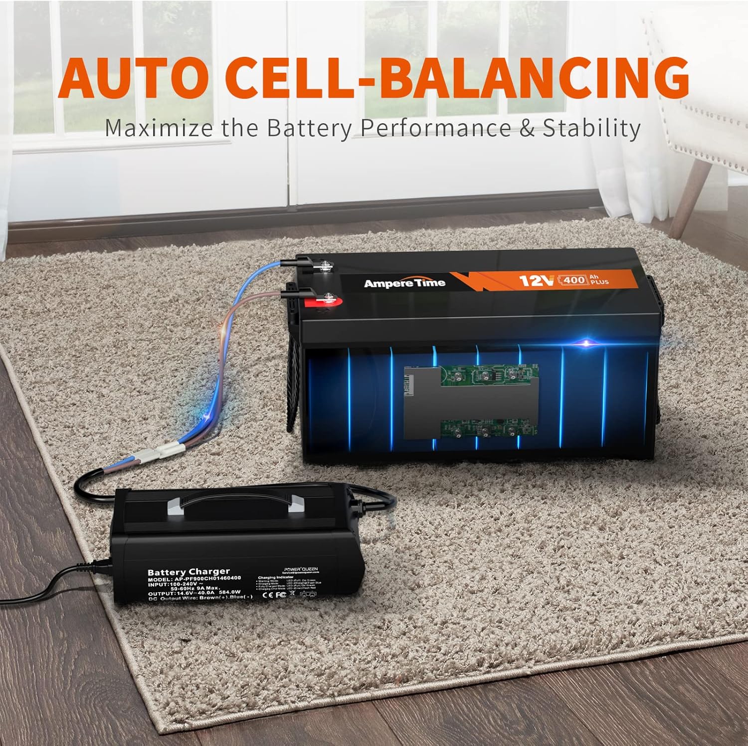 12V 400Ah LiFePO4 Battery with 250A BMS and 14.6V 40A Charger J7218