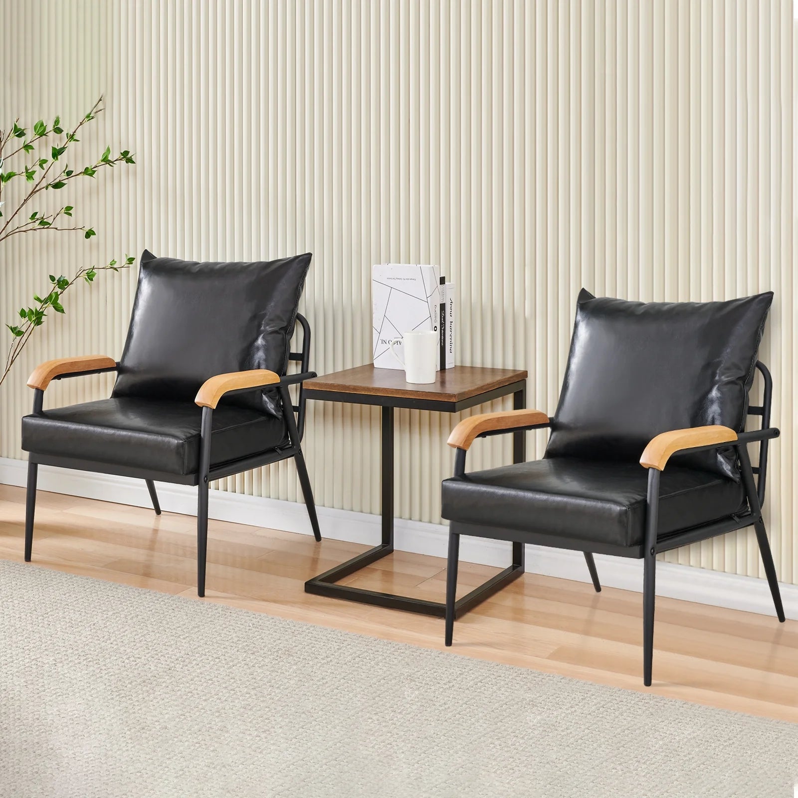 Black Faux Leather Single Sofa Couch with Solid Wood Armrest and Metal Frame L640818