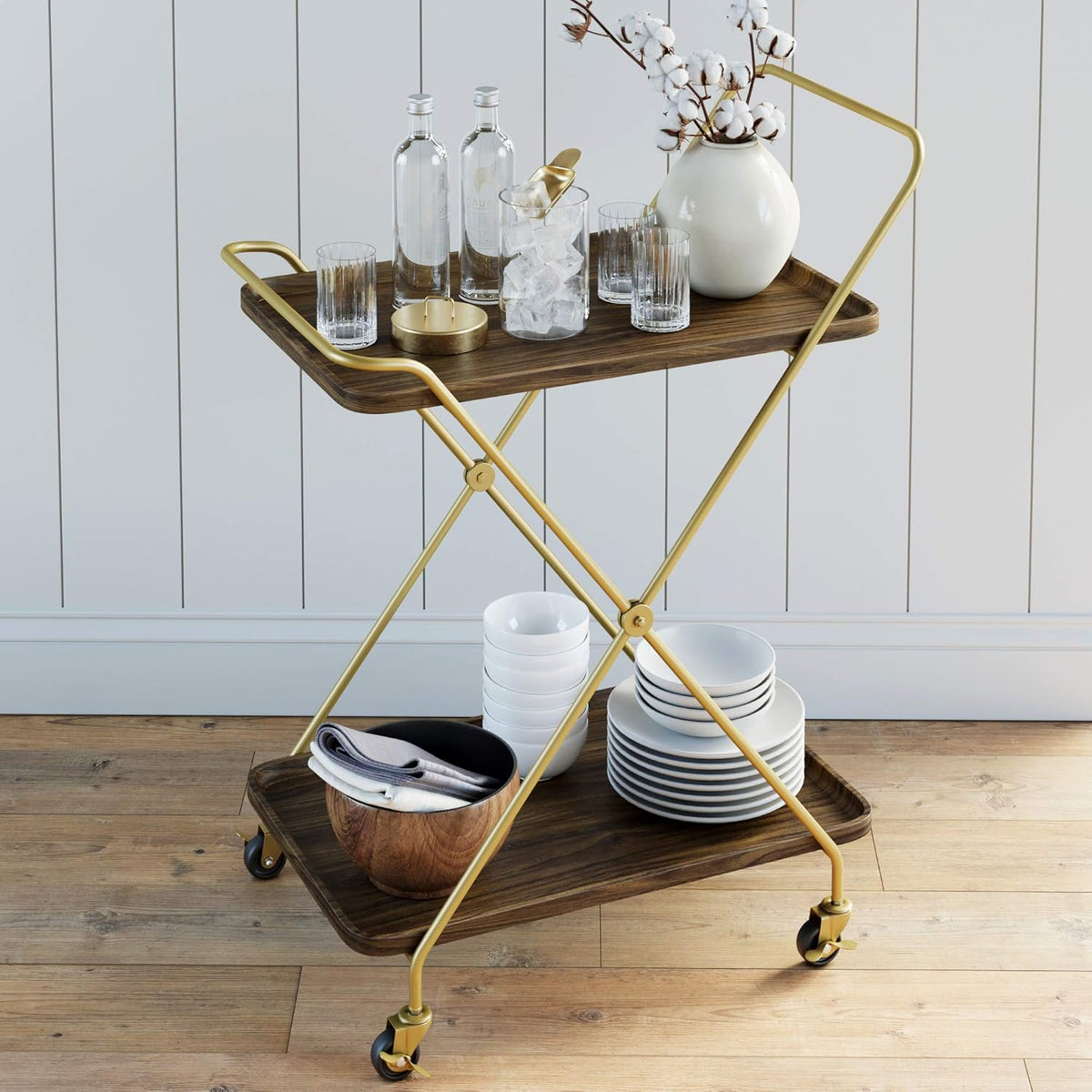 2-Tiered Rolling Serving Cart with Oak Wood Shelf M71838