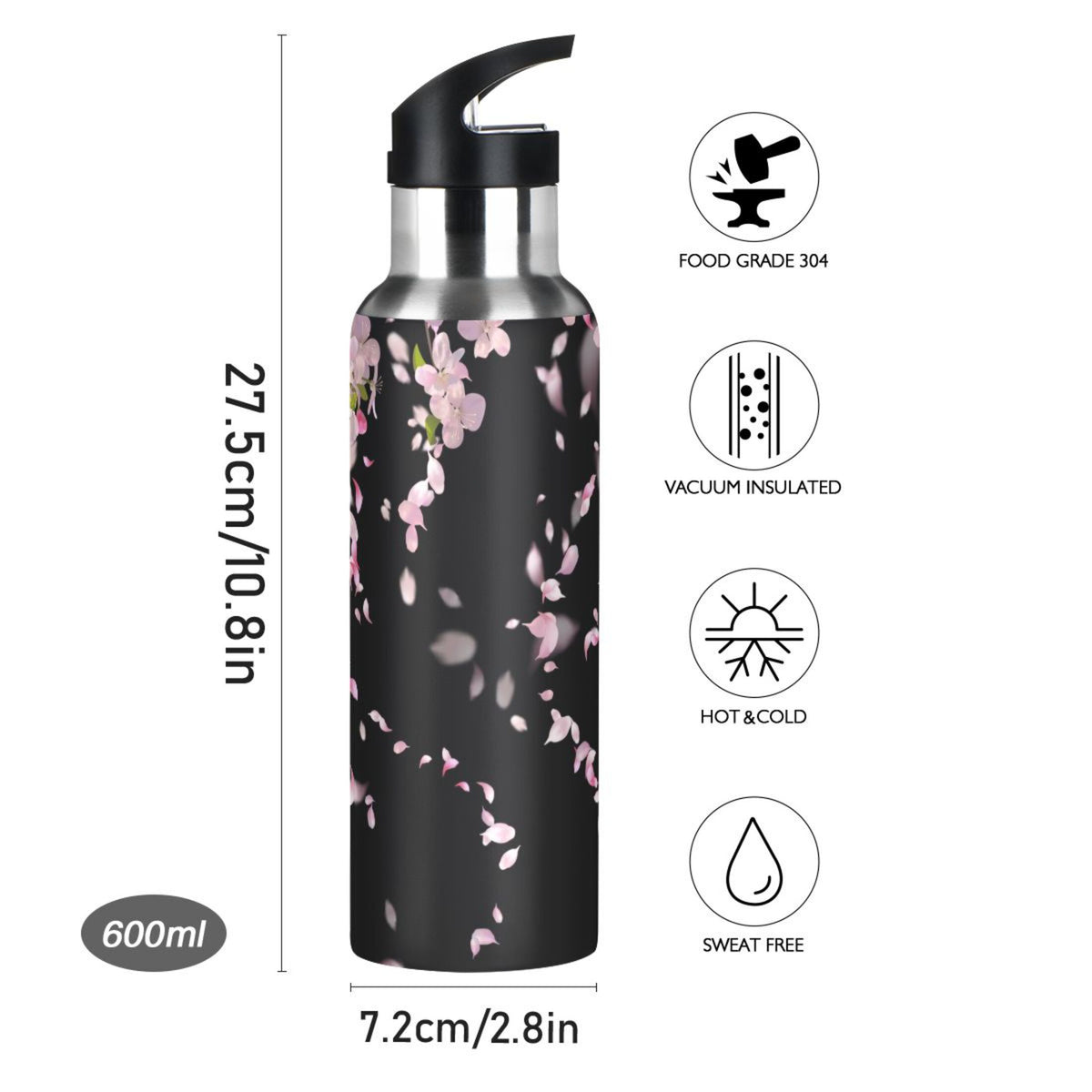 Cherry Blossom Stainless Steel Insulated Water Bottle with Straw Lid R498390