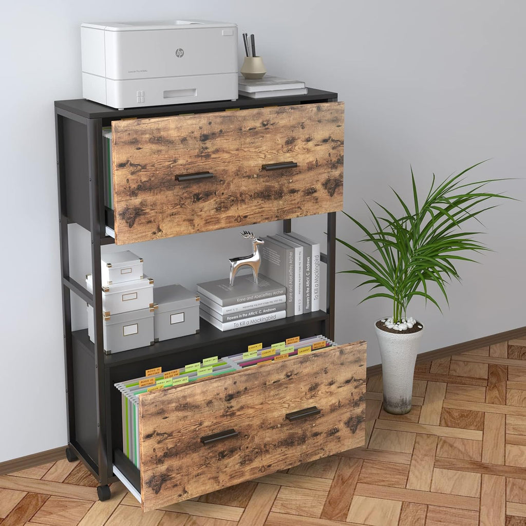 2 Drawer File Cabinet with Bookshelf, Rustic Brown A215