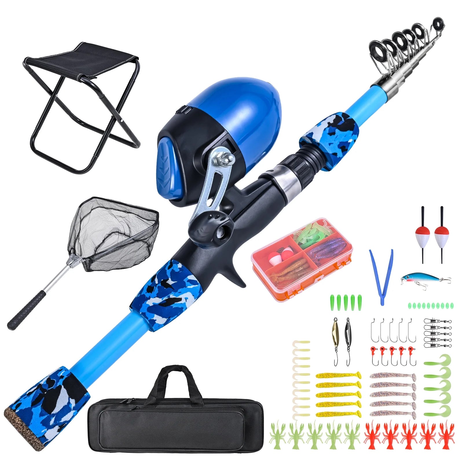 Kids Fishing Rod and Reel Combo with Collapsible Fishing Stool, Landing Net, and Tackle Box V35074