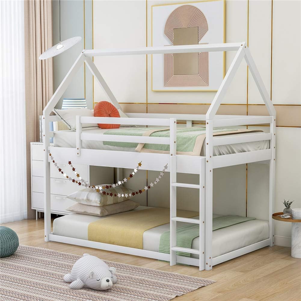 White Wood Twin Size House Bed Frame with Fence K1330
