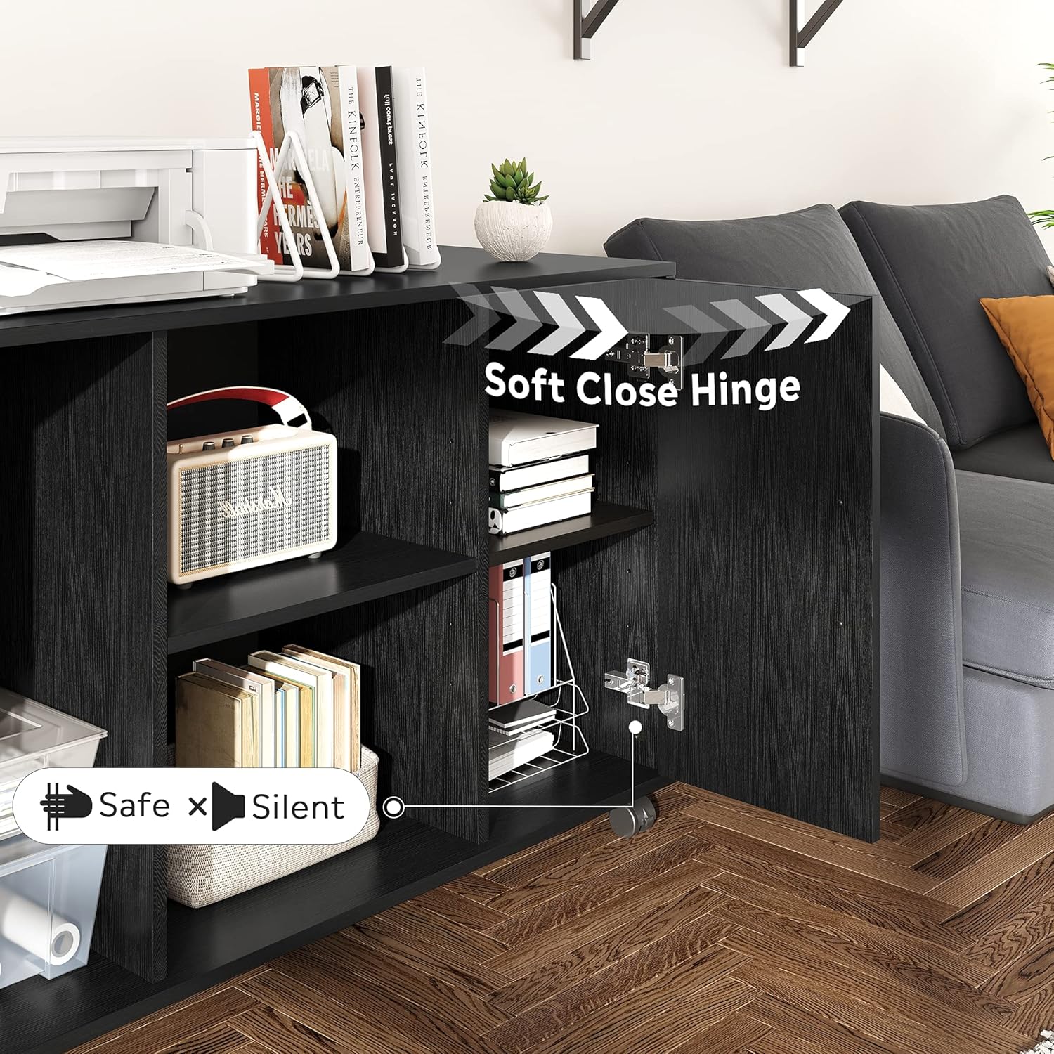 Black Wood Filing Cabinet with Adjustable Shelves on Lockable Wheels U394417