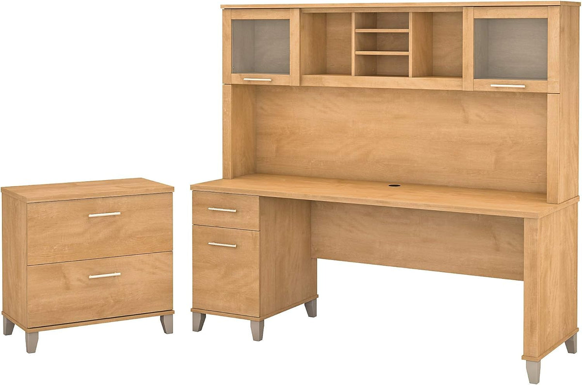 72W Hansen Cherry Office Desk with Hutch and Lateral File Cabinet A923271