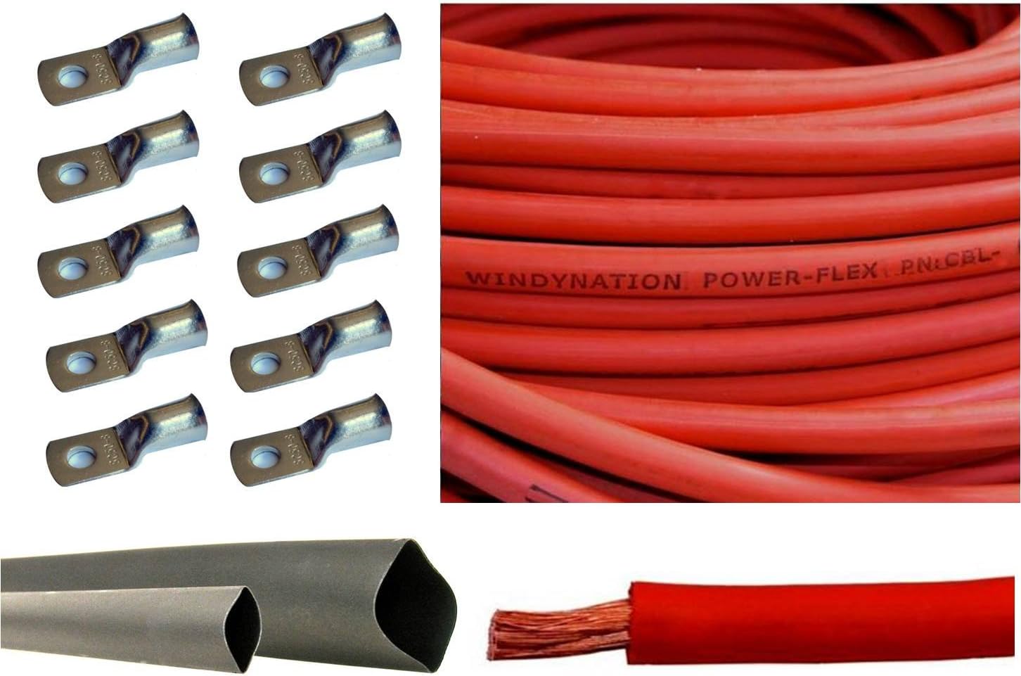 6 Gauge 25 Feet Red + 25 Feet Black Pure Copper Flexible Cable + 10pcs 3/8 Tinned Copper Cable Lug Terminal Connectors + 3 Feet Black Heat Shrink Tubing N255
